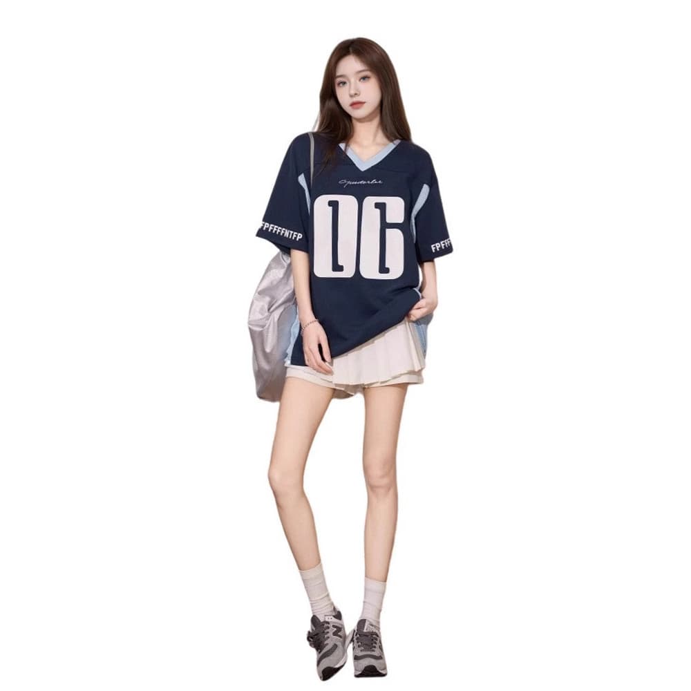 American Trendy Navy Blue V-Neck Short Sleeve T-Shirt for Women Summer Loose Sports Jersey Style Top