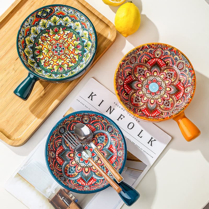 Bohemian Ceramic Single Handle Bowl Creative Relief Handheld Bowl Underglaze Color Salad Bowl Dessert Bowl Home Use Bowl