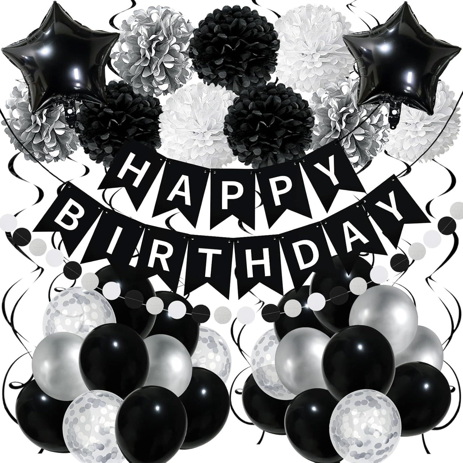 55-Piece Balloon Arch Kit with Happy Birthday Banner, Origami Flower Balls, and Five-Pointed Star Birthday Party Decorations