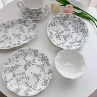 French Vintage Ceramic Plate, High Appearance Green Floral Embossed, Home Tableware Premium Dessert Plate, Dinner Plate, Rice Bowl