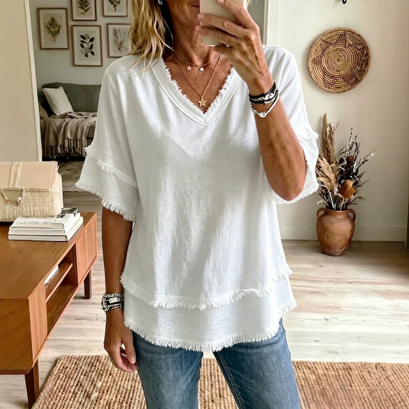 2026 Summer New European and American Style Loose V-Neck Fringed Short-Sleeved T-Shirt Women's Solid Color Casual Top Cross-Border Women's Clothing