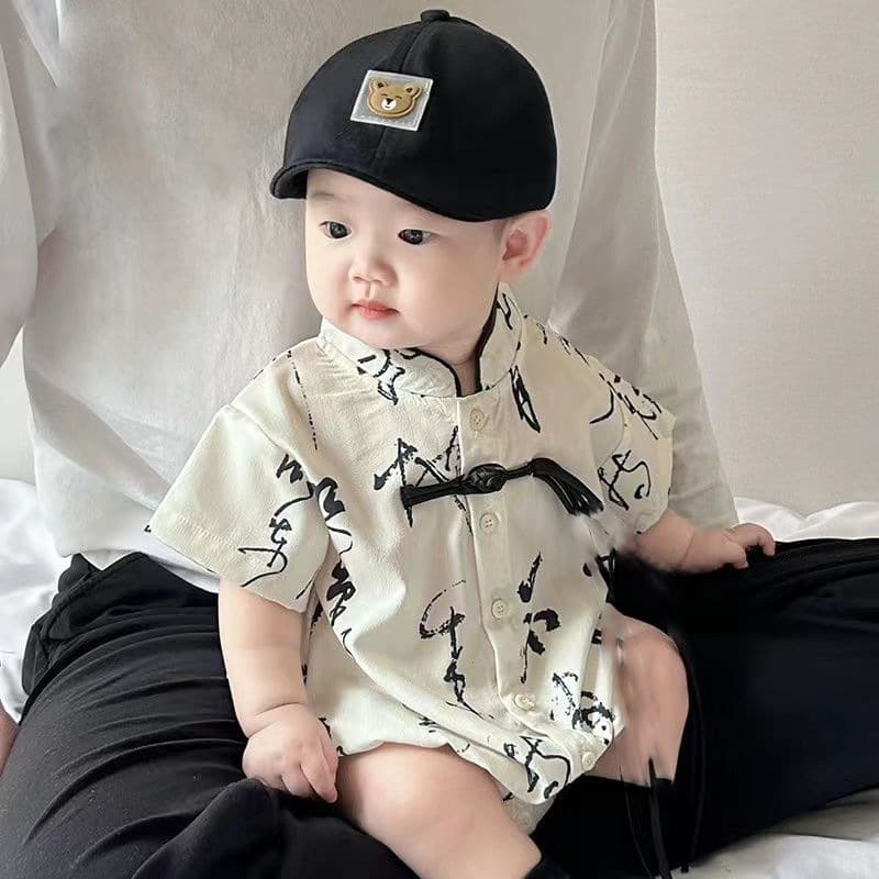 Summer Outfit for Babies Lightweight Short Sleeve Onesie Cotton Material Trendy Chinese Style Male Baby Clothes for Outdoor