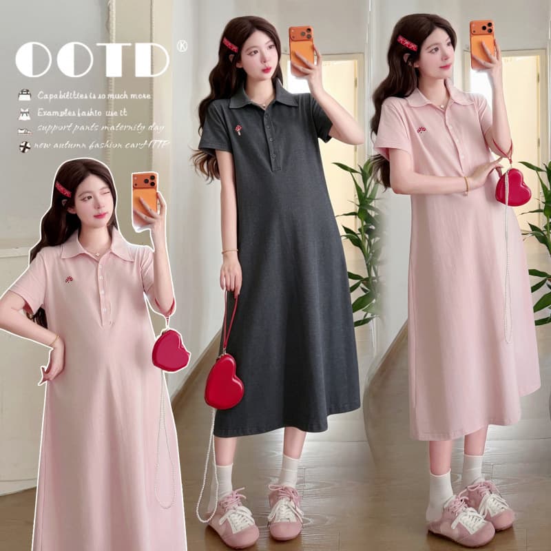 New Summer Maternity Casual Dress Embroidered Cotton Loose Plus Size Lapel T-Shirt Long Dress
