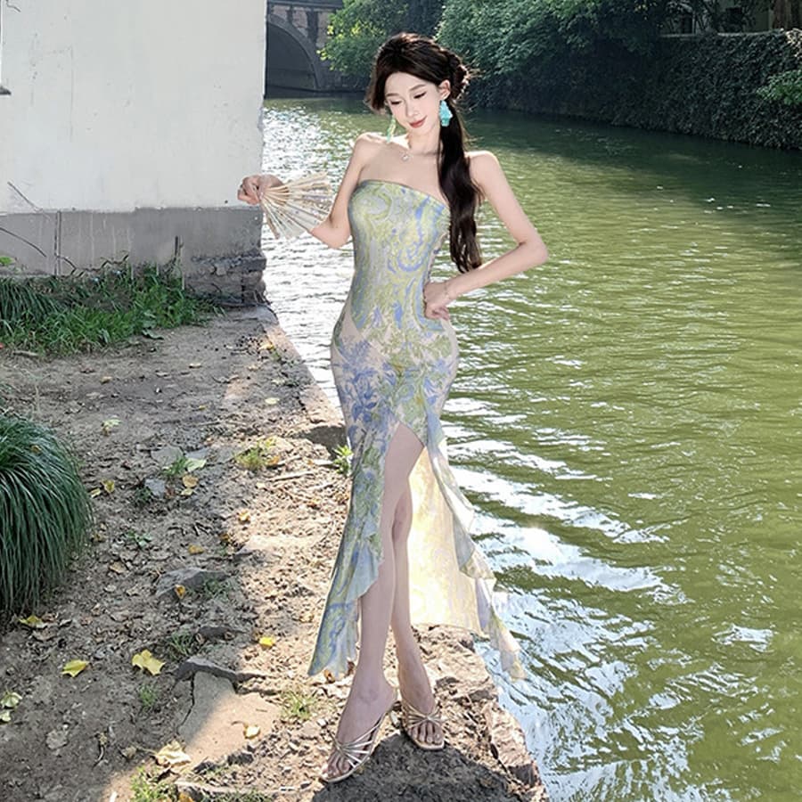 7007 European and American Cross-border Women's Fashion New Chinese Style Modified Cheongsam Dress with Printed Halter Neck and Side Slit