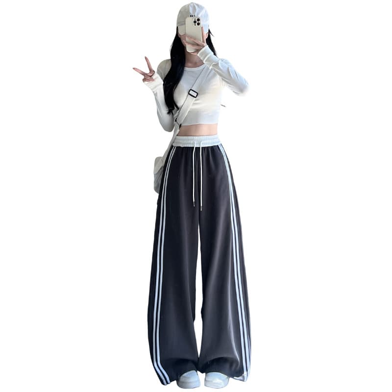 Navy Contrast Stripe Curved-Leg Pants for Women, Fall New Arrival, Thickened High-Waist Loose Slimming Flowy Wide-Leg Sweatpants