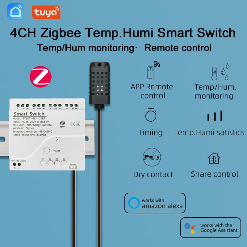 Zigbee Dry Contact Switch with Temperature and Humidity Monitoring, 4CH/1CH Light Control Remote Thermostat, Zigbee Wireless