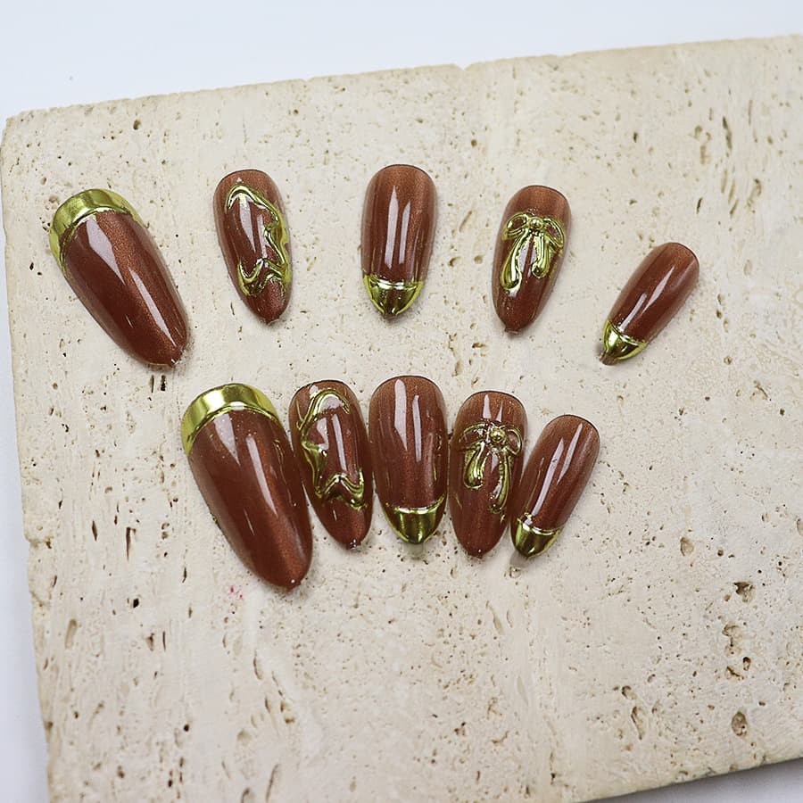 Caramel Gold Foil Dark Brown Press-On Nails Vintage Premium Understated Press-On Nails Wholesale