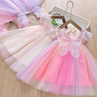 Children Princess Dress Rainbow Mesh Tulle Tutu Dress Suspender 3D Wings Fairy Fashionable Dress