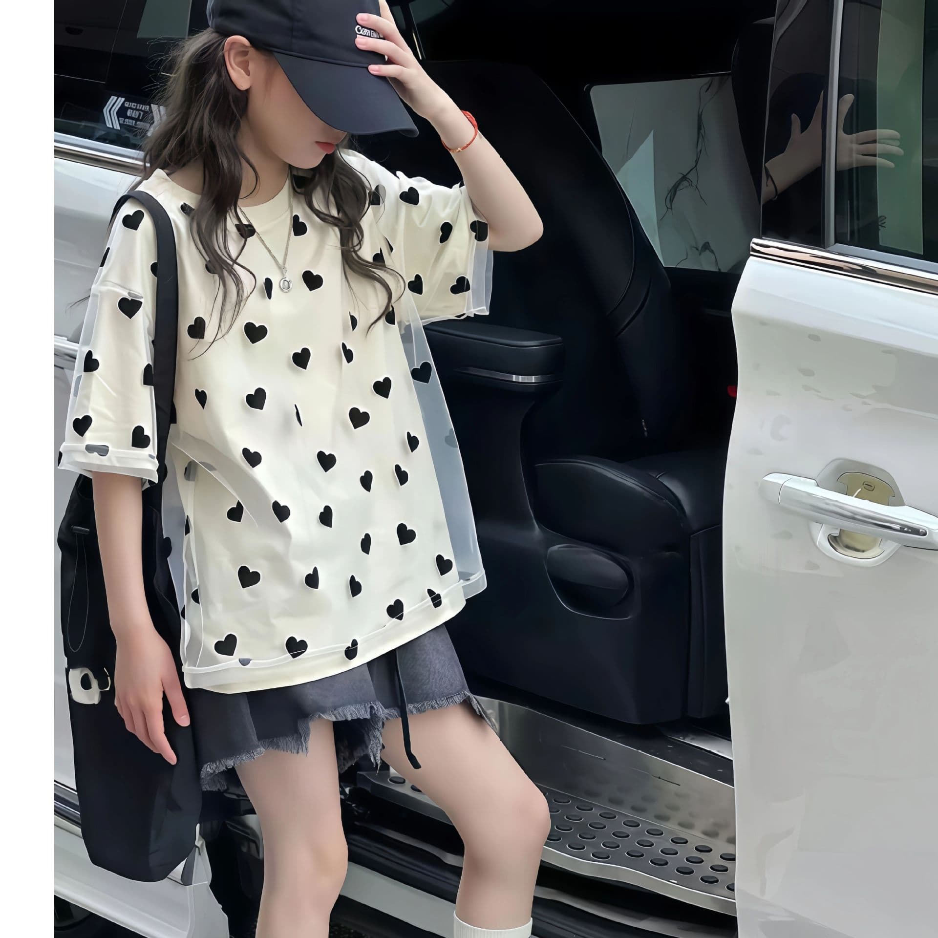 Girls Summer Short-Sleeve T-Shirt 2025 New Style Heart Mesh Top Kids Loose Sweet Tee