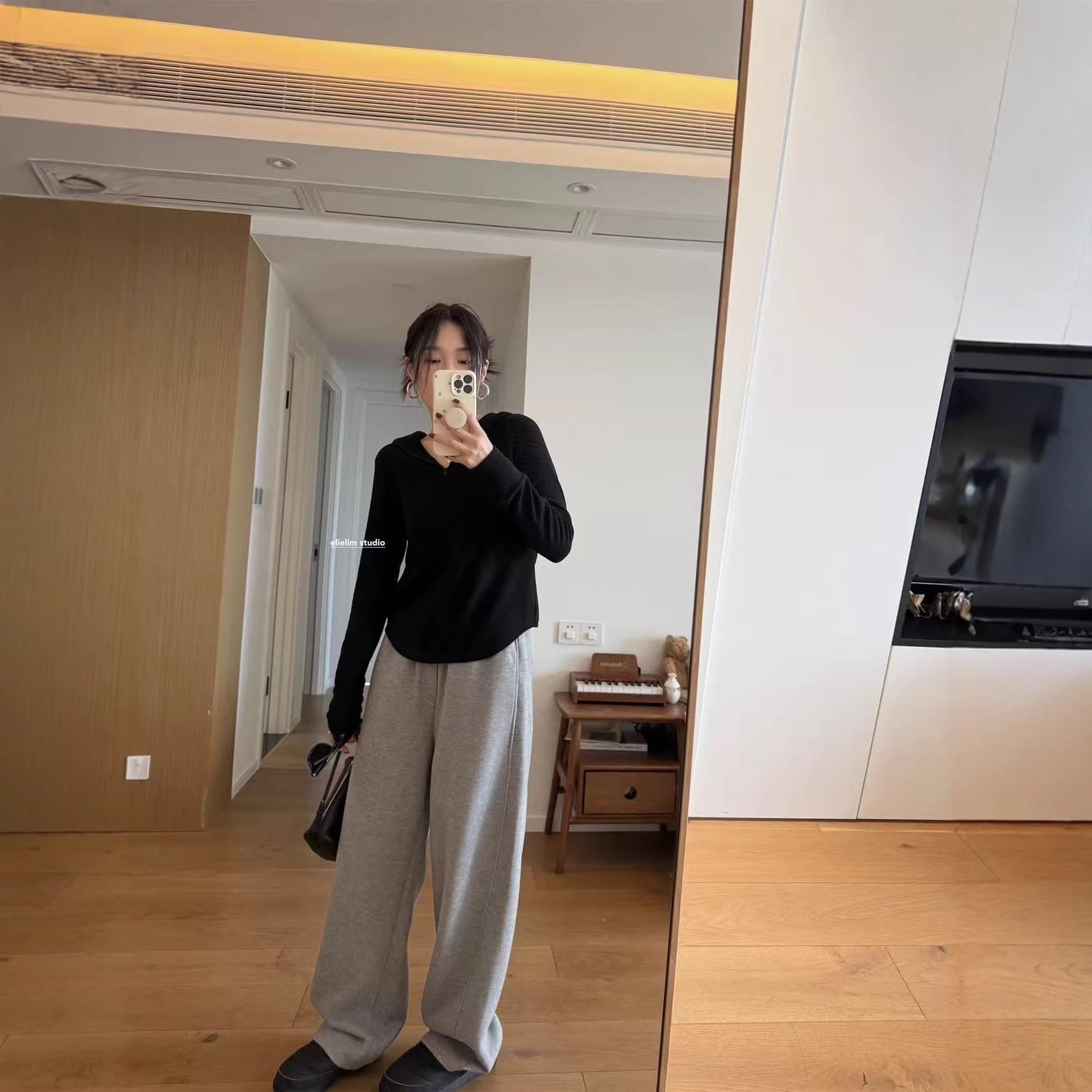 1028-141 Lazy Style Drawstring Color-Block Two-Way Wear Plus Sherpa Fleece Sweatpants