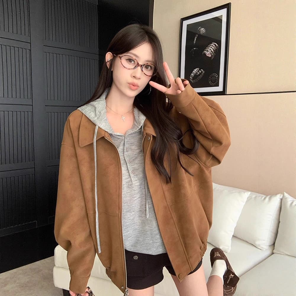 Vintage Faux Leather Jacket Polo Collar Long Sleeve Coat Women Early Autumn High-End Maillard Loose Zipper Top Trendy