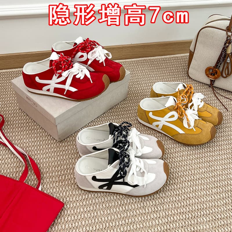 Genuine Leather Version 7cm Inner Height Small Pointed Toe Training Shoes Women's Shoes Soft Sole Half Slipper Casual Shoes Forrest Gump Shoes