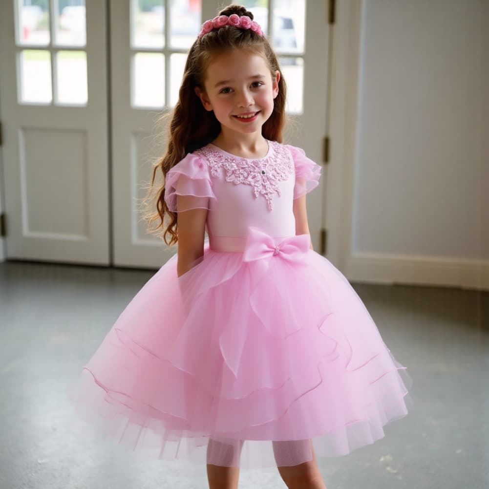New Style Program Performance Girls' Gown with Bow, Tutu Dress for Stage Host Child Photography Formal Wear