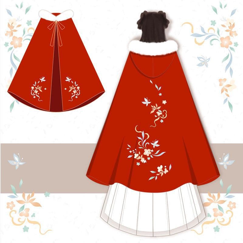 Qixiannu Original (Autumn Pear) Hanfu Women Double-Sided Embroidery Fur Collar Cape Cloak Fleece-Lined Thickened Medium Winter Style