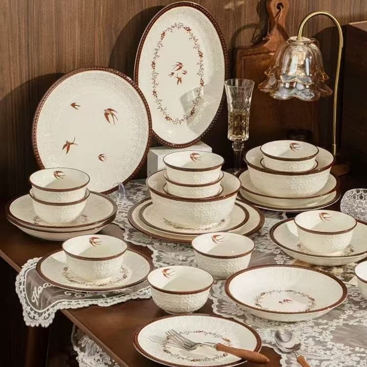 Manfen Housewarming Newlywed Gift French Retro Dinnerware Set Home Bowls Plates Tableware Vintage Style Premium