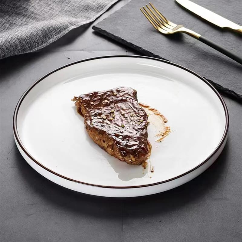 Nordic style high-looking stackable black line steak plate Western food dinner plate flat plate shallow plate fruit salad plate microwaveable