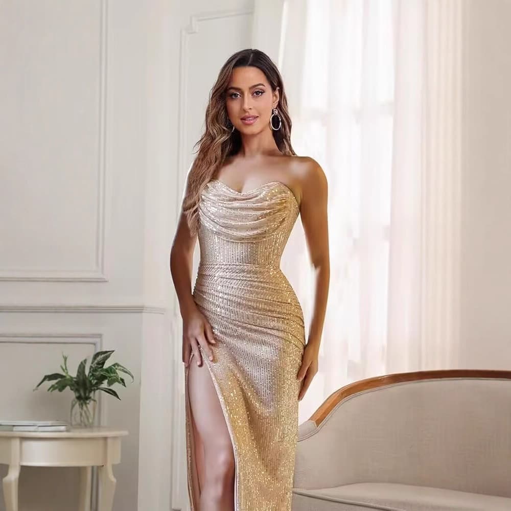 European and American Cross-Border Amazon New Women's Strapless Sequin Slit Long Fishtail Pleated Formal Evening Dress