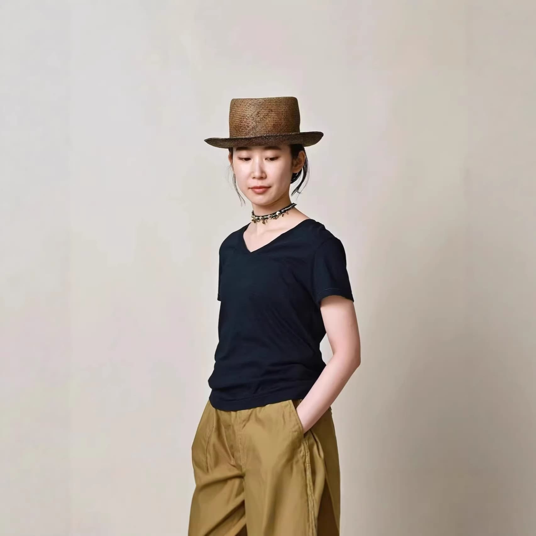 Japanese Summer New Style Simple Versatile Indigo Pure Cotton Jersey V-Neck T-Shirt Women Short Sleeve Top