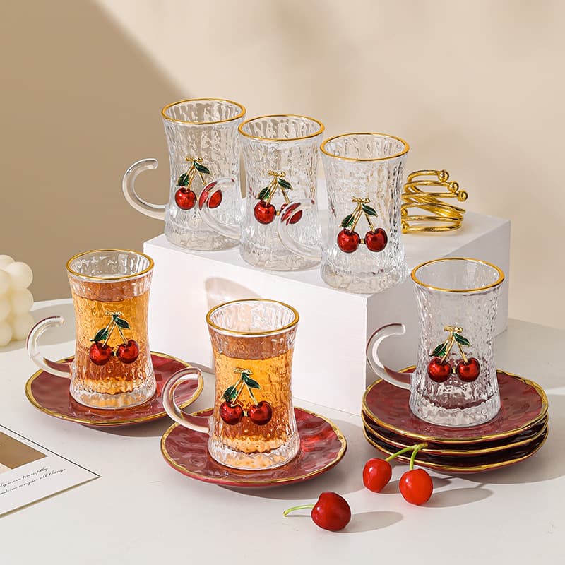 Creative Glass Coffee Cup and Saucer Cherry Ceramic Coffee Cup and Saucer Afternoon Tea Cup and Saucer Home Coffee Cup and Saucer