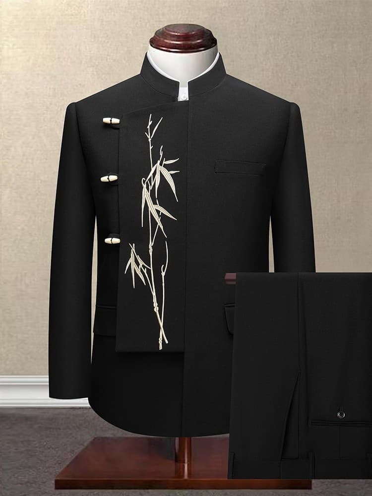 New Chinese-style Zhongshan suit for men, irregular Chinese-style wedding groom attire, stand collar with gold bamboo embroidery suit for engagement