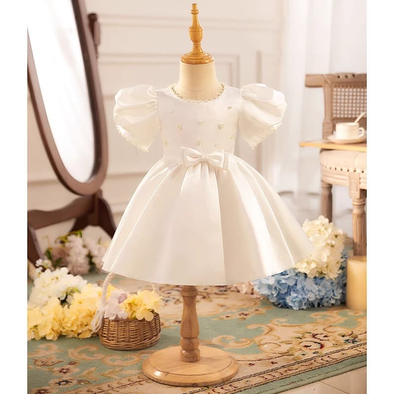 Children's Day Satin Dress Female White Birthday Princess Dress Flower Girl Piano Host Recitation Speech Competition