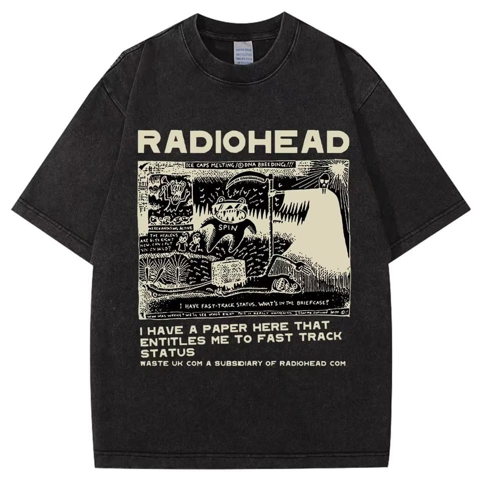 Washed Rock Band Radiohead The Bends Retro T-Shirt Unisex Fashion Hip Hop Gothic Tee Oversized