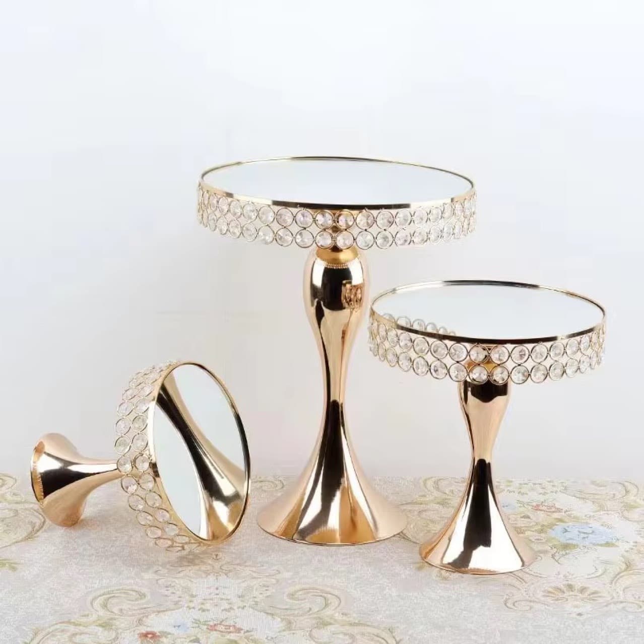 European-style Metal Crystal Three-tier Cake Stand, Iron Art Home Decor Party Dessert Table Mirror Tray