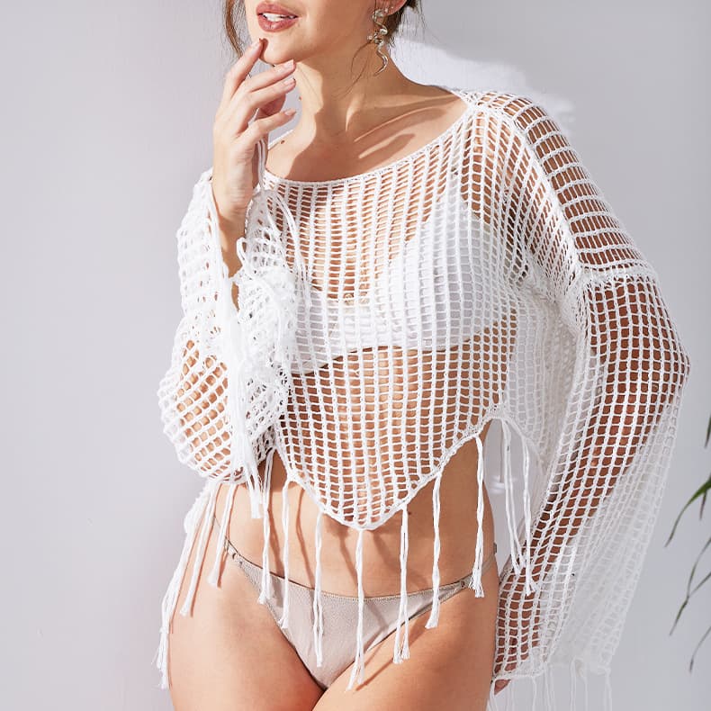 Summer Pullover Short Hollow Knit Top with Tassels, Slimming Casual Long Sleeve Loose Layering Cover-Up