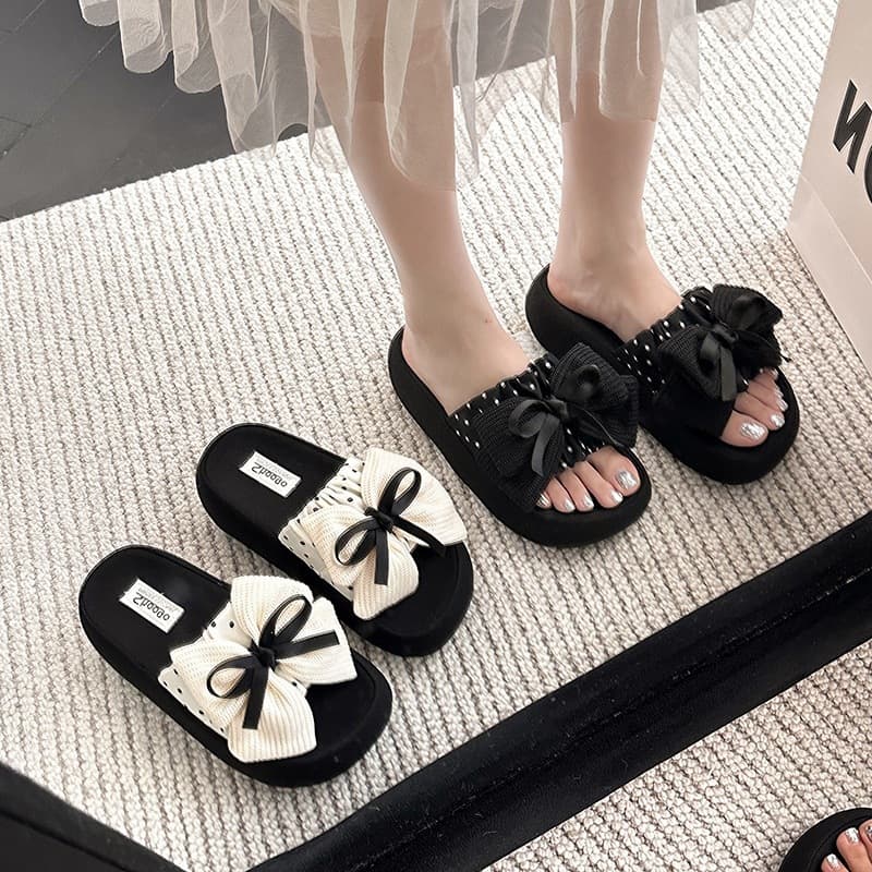 Summer New Fashion Non-Slip Flip Flops for Women, Korean Style Polka Dot Bow Platform Thick Sole Open-Toe Sandals