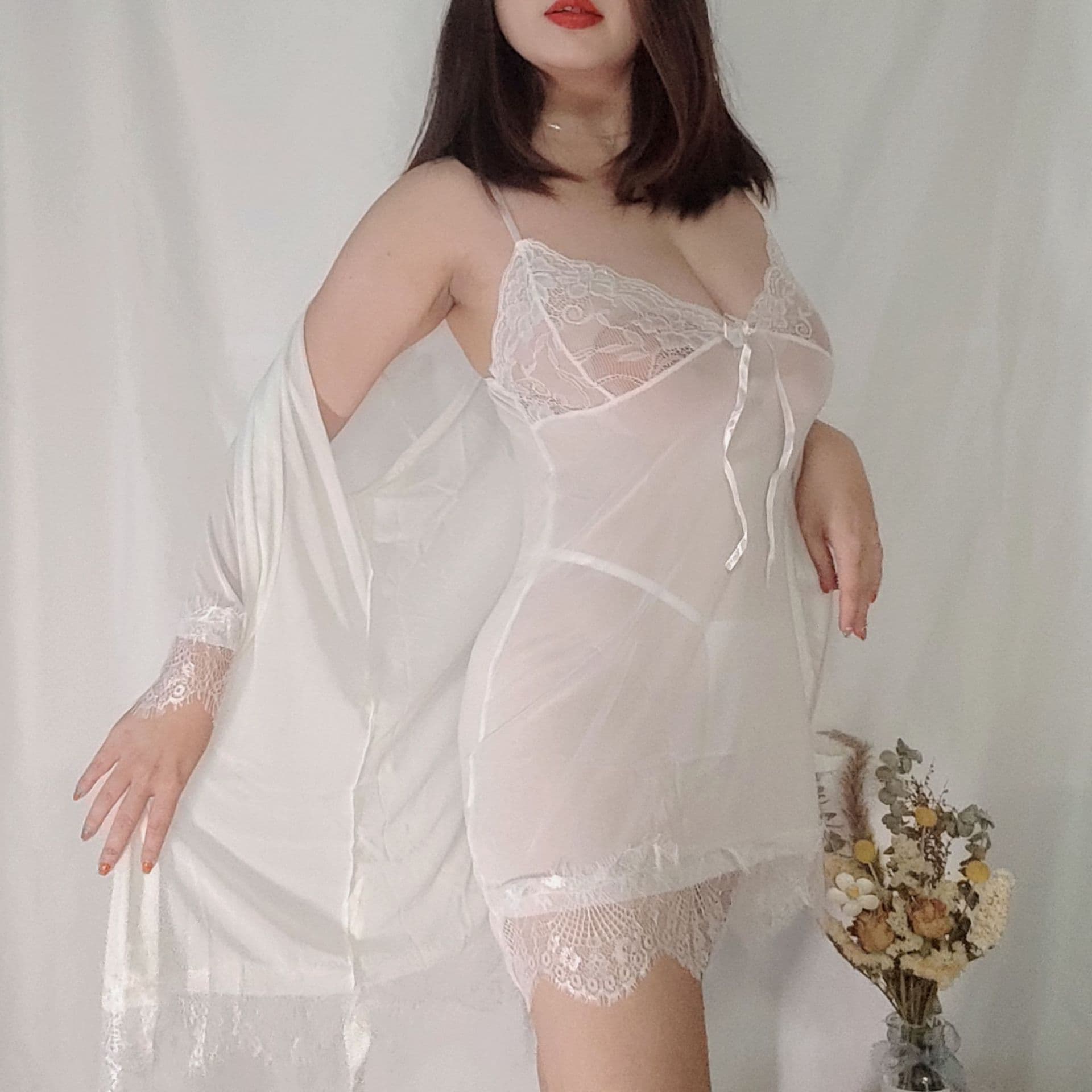 Padded Lingerie Set with Sexy Lace, Plus Size Sleep Dress with Tie-Front Robe, 3XL