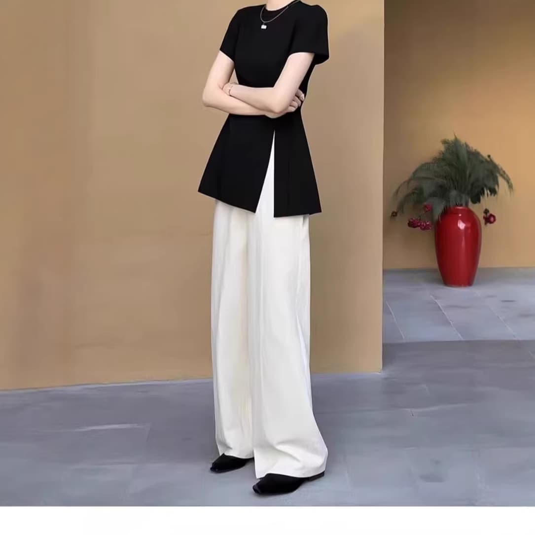 Hot-selling summer plus-size, sophisticated, short-sleeved top with slits for women, versatile and slimming for plus-size women, style 25108