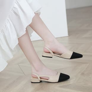 In Stock Cross-Border Mid-Heel Chunky Heel Chanel-Style Two-Tone Open-Back Toe-Cover Sandals for Women, French High Heel Square Toe Flat Large Size