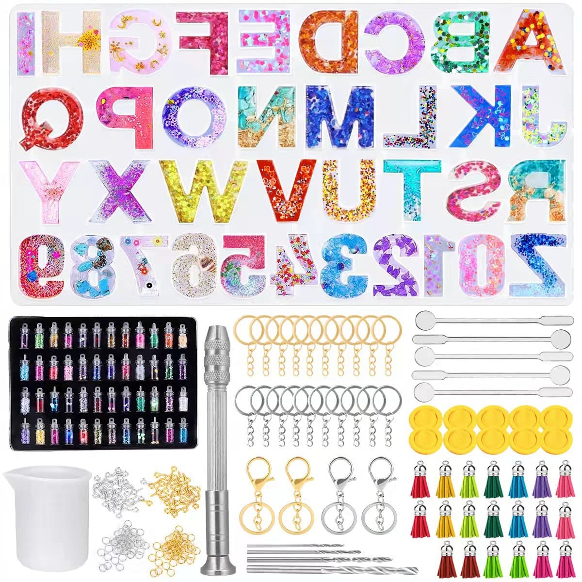 DIY Epoxy Resin Keychain Pendant Tool Set Letter Number Crystal Drop Pendant Mirror Silicone Mold