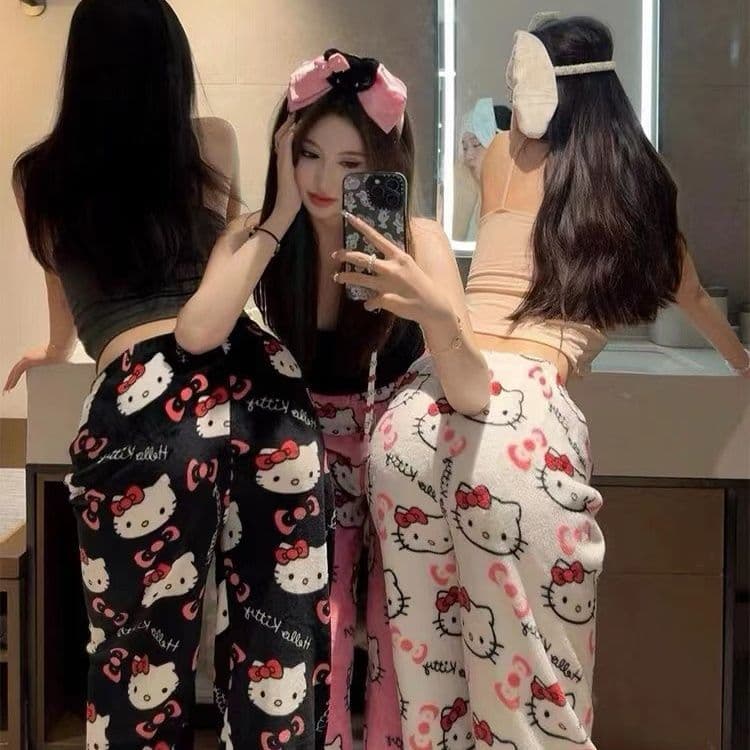 New Cartoon Flannel Korean-Style Pajama Pants for Women, Autumn/Winter Coral Fleece Thickened Warm Casual Home Pants, Can Be Worn Outdoors
