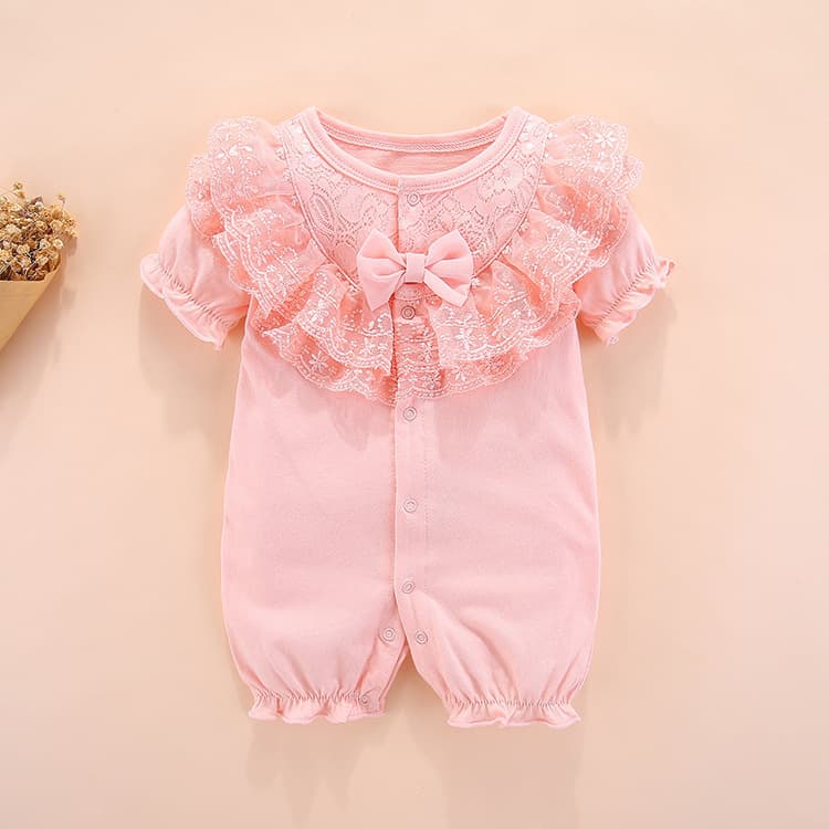 Summer comfortable and refreshing cotton mesh sweet princess style solid color jumpsuit for baby girls.