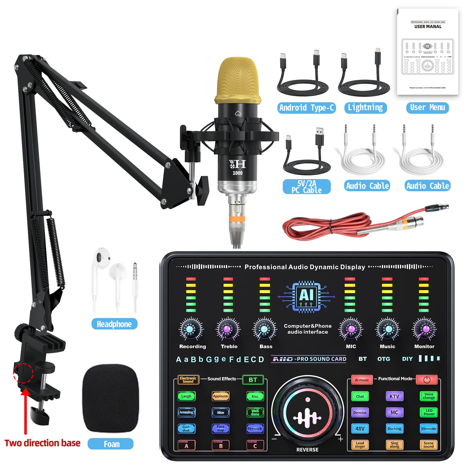 48V Condenser Microphone Kit for Computer and Phone Live Streaming, Karaoke Desktop Mic with Stand, Noise Reduction, One-Button Headphone Monitoring, Full Set