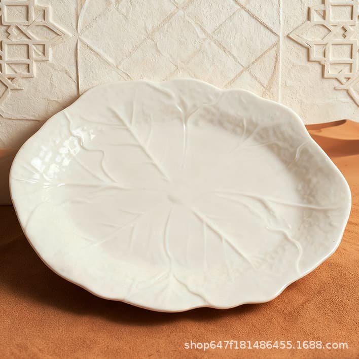 Home Dinner Plate Ceramic Plate, Creative Cabbage Relief Dinnerware, Flower-Shaped Western Plate, Dessert Plate, Restaurant Light Luxury Fish Plate
