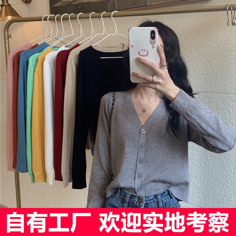Korean-style Loose Autumn Short High-waist Long-sleeve Cardigan Sweater for Women V-neck Knitwear Wholesale