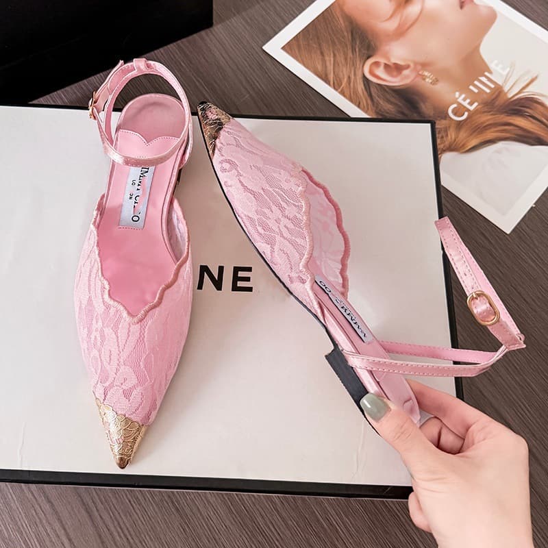 2026 Hot Style JC New One-Strap Thin Heel Closed-Toe Sandals, Elegant Sexy Lace Pointed Toe Gold Splice High Heels