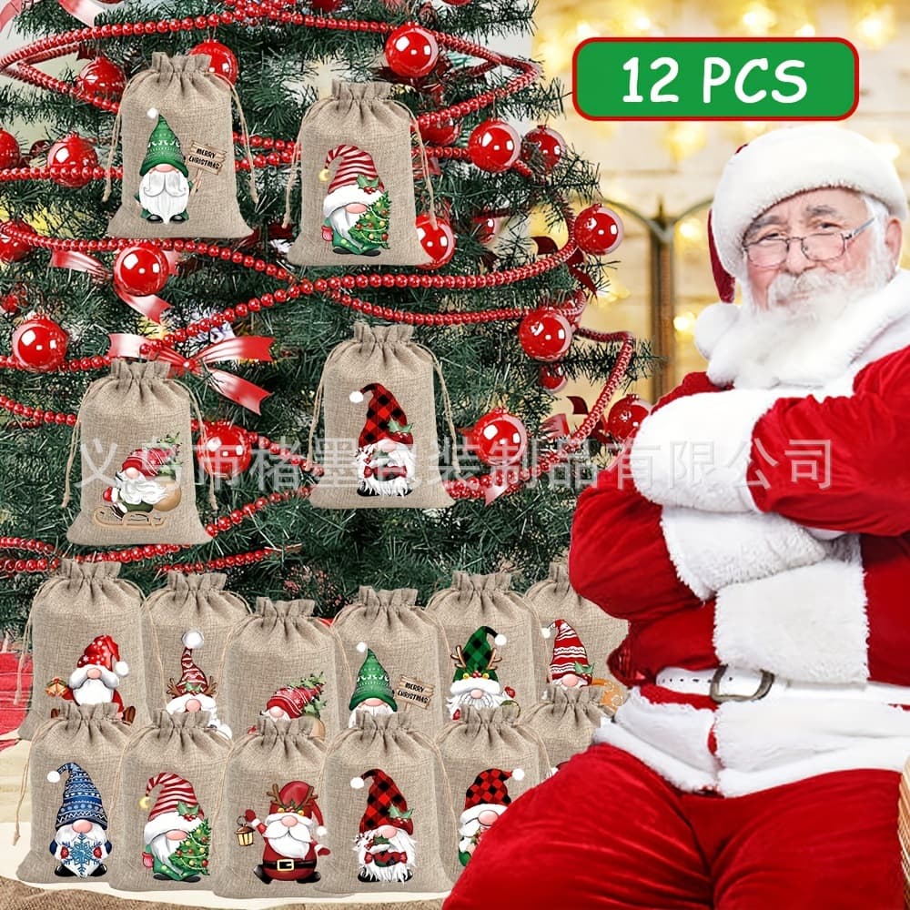 Cross-border hot-selling Christmas 24-day gnome Advent calendar jute bags, drawstring pouches, gnome bags wholesale