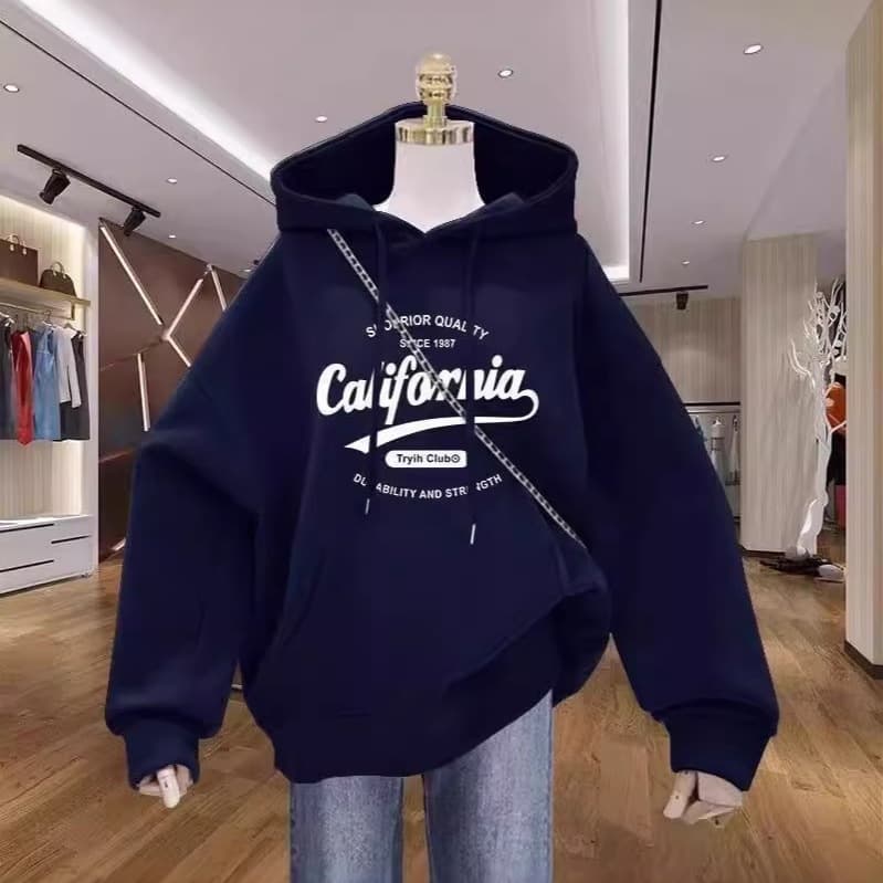Autumn Hooded Sweatshirt for Women 2026 New Style, Fleece-Lined Navy Blue Design with Printed Pattern, Trendy Jacket Top