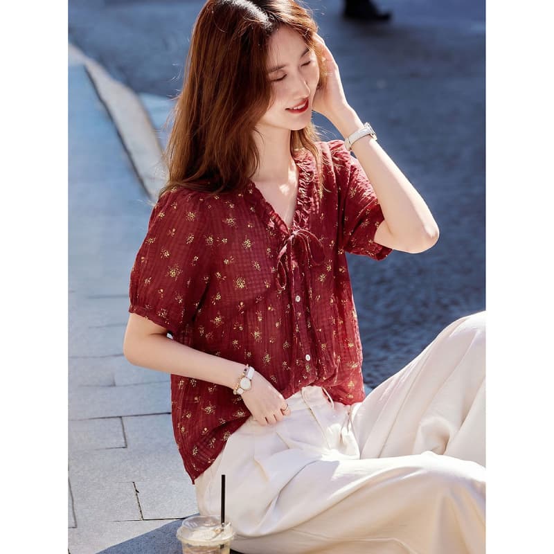 Floral Short-Sleeve Blouse for Women, Summer 2026 Lace-Trim Tie Bubble Sleeve Loose Top