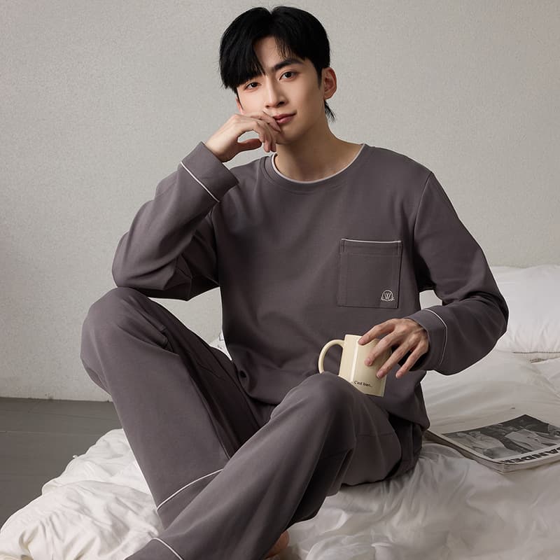 100% Cotton Men's Pajama Set Long Sleeve Long Pants Autumn Winter Home Wear for Young Adults, Suitable for Outdoor Wear