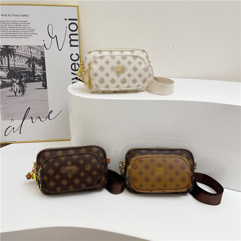 New White-Brown Vintage Print Horizontal Small Square Bag Women's Bag Wide Strap Multi-Layer Zipper Casual Lightweight Crossbody Bag