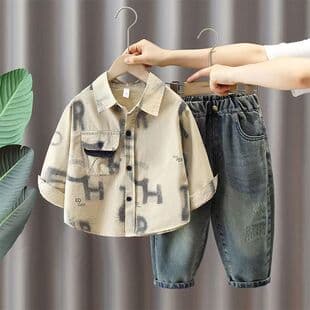 Children's Casual Two-Piece Set Wholesale Boys' Lapel Printed Long-Sleeve Shirt + Vintage Loose Jeans Set