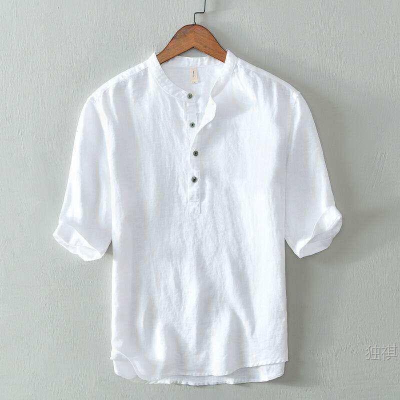 Fresh Stand-Up Collar Pullover T-Shirt Short-Sleeve Cotton-Linen Shirt for Men, Casual Summer Loose-Fitting Youth Artistic Linen Shirt
