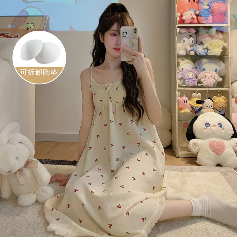 Summer Cotton Camisole Sleep Dress with Padded Bra, Sweet and Cute Princess Style, Wearable as Outerwear or Loungewear