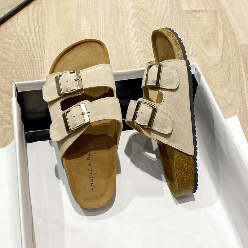 Genuine Leather Birkenstock Sandals for Women, Suede Beach Shoes, Non-Slip 2026 Spring/Summer Cork Flat Sandals, One-Strap Slide Sandals