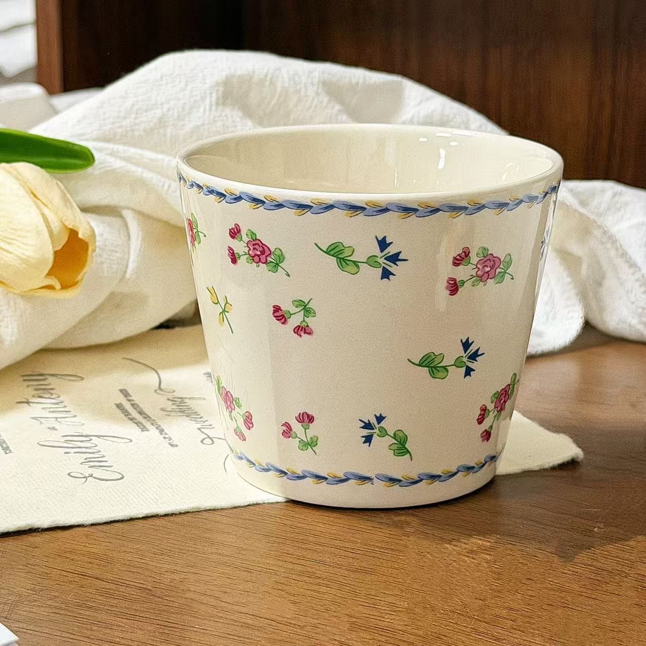 French Spring Floral Pink Rose Ceramic Cup Straight Handleless Mug Ins Style Breakfast Cup Coffee Cup Home Use
