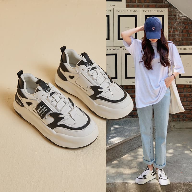 Autumn/Winter 2023 New Style Women's Shoes Versatile Casual Sports Shoes Thick Sole White Sneakers Color Block Design